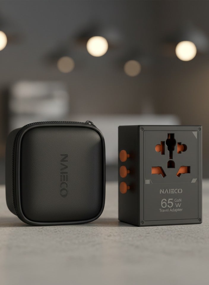 نايكو محول السفر العالمي NAIECO GaN III بقدرة 65 واط للشحن السريع | شاحن جداري عالمي بـ 4 منافذ USB-C PD ومنفذ USB واحد | متوافق مع iPhone وSamsung وHuawei وXiaomi وiPad وMacBook واللابتوب والأجهزة اللوحية | محول طاقة عالمي متعدد المنافذ ومناسب لأكثر من 200 دولة | تقنية الشحن الذكي Smart IC لضمان شحن آمن وسريع | تصميم قوي مقاوم للحرارة ومناسب للسفر والمنزل والمكتب | مزود بمقابس UK وUS وEU وAU مدمجة | مثالي لرحلات العمل والسفر والعطلات | تصميم خفيف الوزن وقابل للطي لسهولة الحمل | شاحن السفر العالمي NAIECO GaN III 65W هو الحل الأمثل لشحن جميع أجهزتك في أي مكان حول العالممنافذ USB-C PD للشحن السريع، شاحن جداري عالمي متوافق مع الهواتف الذكية، الأجهزة اللوحية، أجهزة اللابتوب، ومناسب لمقابس الكهرباء من النوع A/C/G/I حول العالم. - Image 4