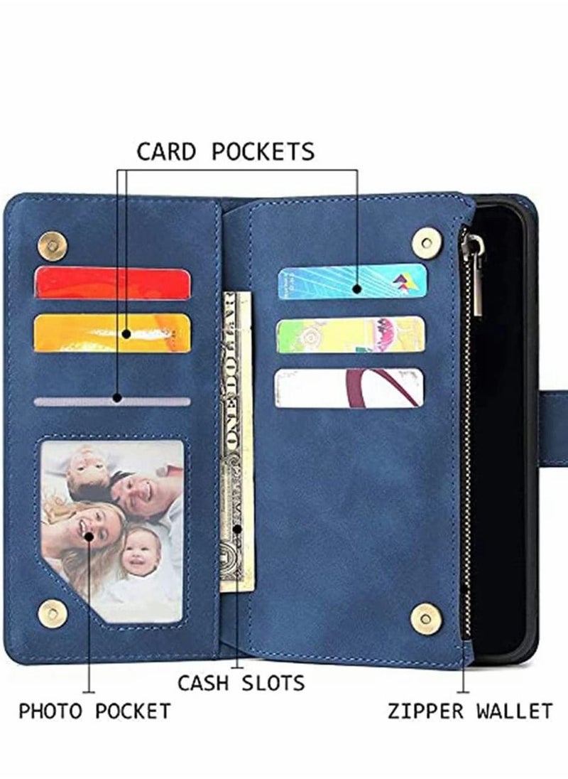 Case for Samsung S21 FE 5G Wallet Case with Card Slot Premium Soft PU Leather Zipper Flip Folio Wallet with Wrist Strap Kickstand Protective for Samsung Galaxy S21 FE Case 6.4 inch Blue  - Image 1