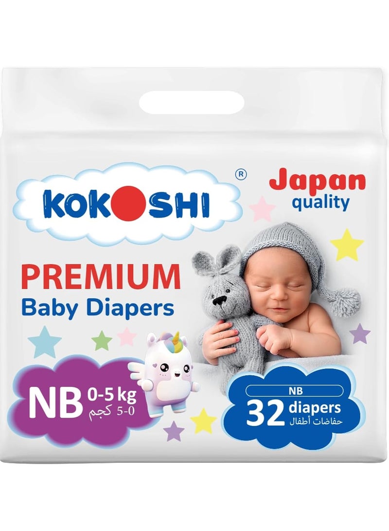 حفاضات كوكوشي بريميوم للأطفال، مقاس NB للأطفال من 0 إلى 5 كجم، 32 قطعة، صديقة للبيئة ومضادة للحساسية، جودة يابانية فائقة النعومة، مانعة للتسرب لحماية البشرة (DNB32)