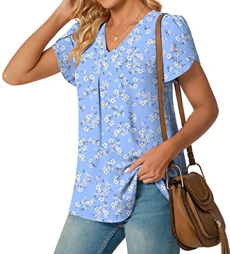 Anyally Women's Plus Size Summer Tunic Tops Dressy Casual Chiffon Blouses Short Sleeve T-Shirts for Leggings, 3XL Blue White Flower - Image 2