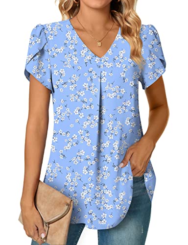 Anyally Women's Plus Size Summer Tunic Tops Dressy Casual Chiffon Blouses Short Sleeve T-Shirts for Leggings, 3XL Blue White Flower - Image 1