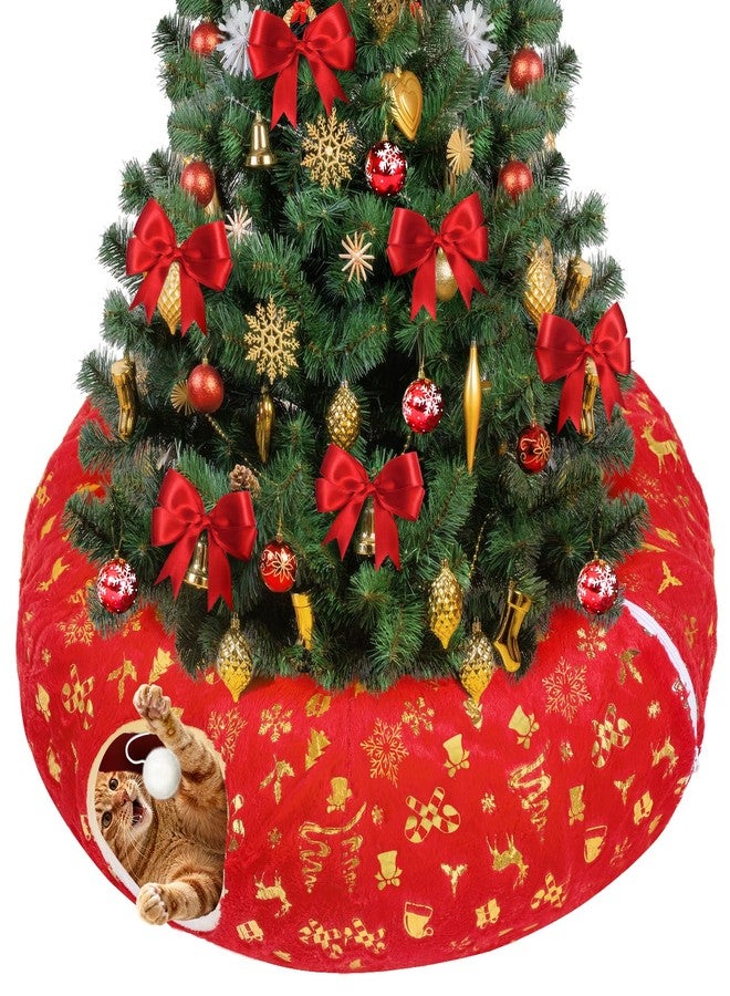 Beeplove Cat Tunnel Christmas Tree Skirt - Red & Golden Cat Donut Bed, Christmas Tree Protector from Cats, Xmas Cat Gifts Accessories - Image 1
