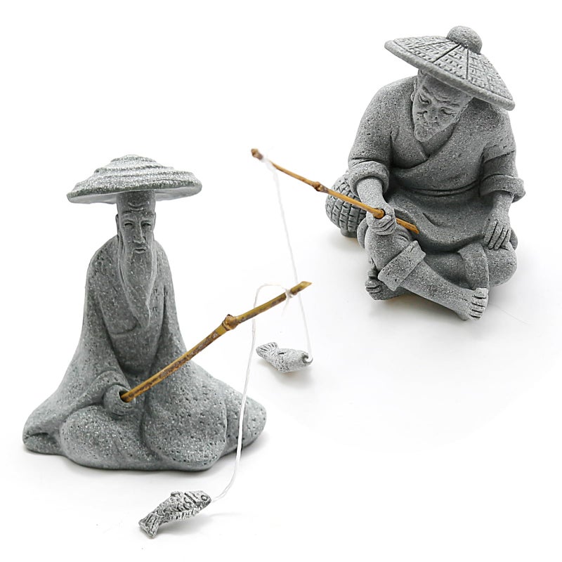 DUZFOREI 2PCS Sitting Fishing Figurines Sandstone Vintage Ornament Japanese Decor for Fish Tank Pot Garden Home Aquarium Mini Fisherman Statue Asian Zen Decoration - Image 2