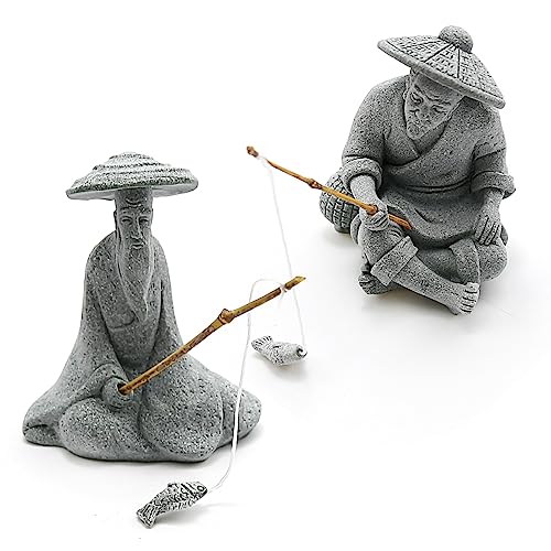DUZFOREI 2PCS Sitting Fishing Figurines Sandstone Vintage Ornament Japanese Decor for Fish Tank Pot Garden Home Aquarium Mini Fisherman Statue Asian Zen Decoration - Image 1