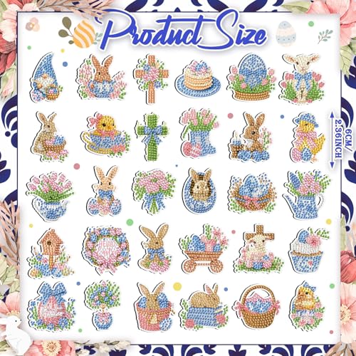 Tellegloww 30 Pcs Easter Diamond Painting Magnets Chinoiserie Easter Diamond Art Magnet Kits for Adults 5D Rhinestone Porcelain Egg Bunny Refrigerator Magnetic Stickers for Fridge DIY Crafts Gifts - Image 3