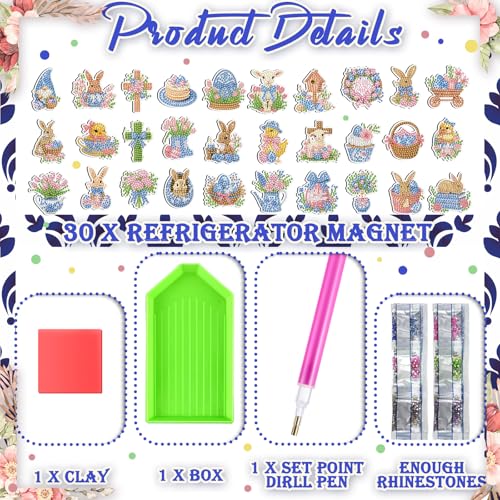Tellegloww 30 Pcs Easter Diamond Painting Magnets Chinoiserie Easter Diamond Art Magnet Kits for Adults 5D Rhinestone Porcelain Egg Bunny Refrigerator Magnetic Stickers for Fridge DIY Crafts Gifts - Image 4