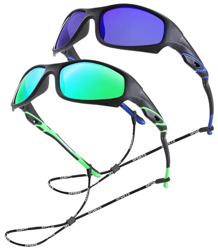 NULOOQ Kids Baseball Polarized Sunglasses – Unbreakable Flexible Youth Sports Sunglasses for Boys Girls Age 4-12 (Black/Green + Black/Blue) - 2 Pack - Image 1