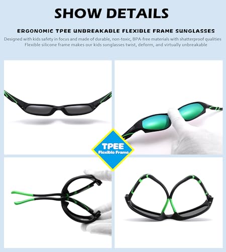 NULOOQ Kids Baseball Polarized Sunglasses – Unbreakable Flexible Youth Sports Sunglasses for Boys Girls Age 4-12 (Black/Green + Black/Blue) - 2 Pack - Image 4