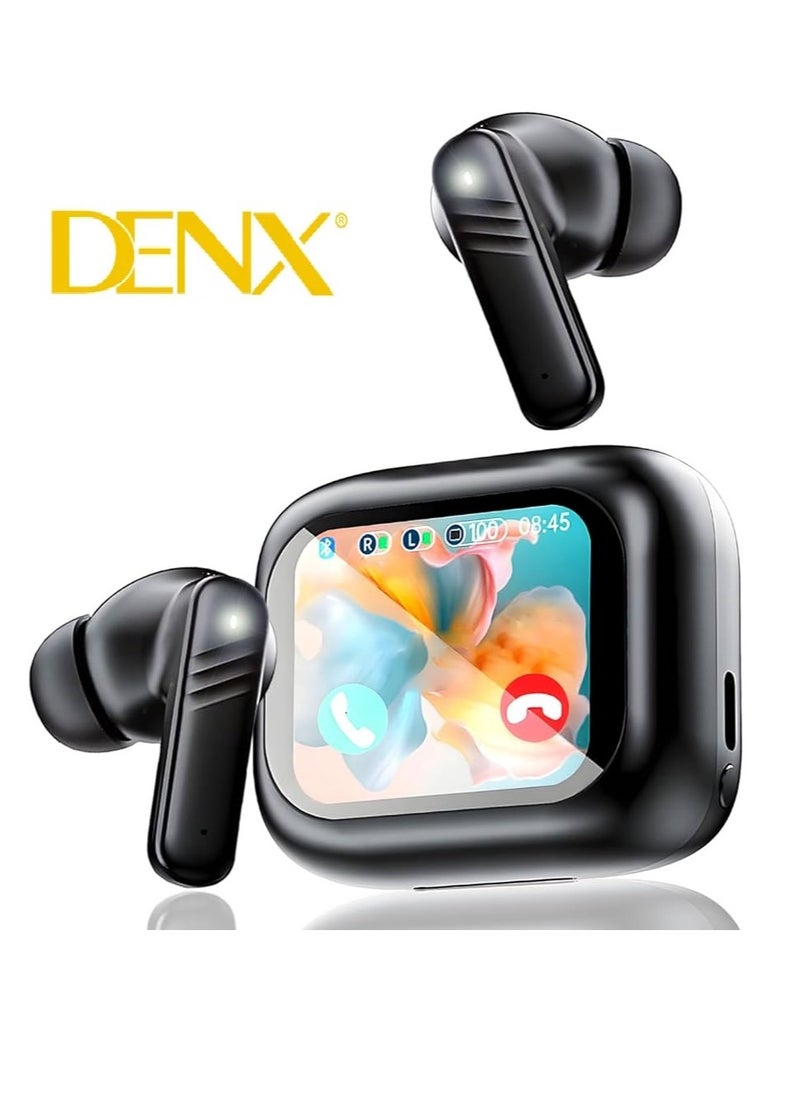 Smart Bluetooth Earphone with Touch Screen ANC/ENC with 320mAh Battery Waterproof Wireless Bluetooth Earbuds with Noise Cancelling and Professional LCD Display for iPhone and Android in Black