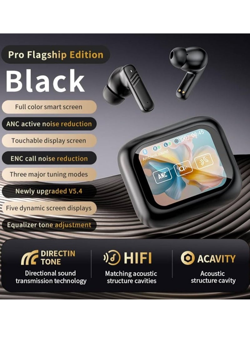Smart Bluetooth Earphone with Touch Screen ANC/ENC with 320mAh Battery Waterproof Wireless Bluetooth Earbuds with Noise Cancelling and Professional LCD Display for iPhone and Android in Black