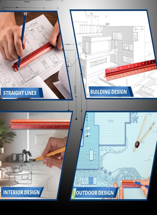 Stylo 12" Aluminum Architect Scale Ruler Laser Etched Triangle Drafting Ruler, Color Coded Grooves for Blueprint, Drafting and Drawing, Architectural Scale Ruler for Blueprints (Red, Imperial Units) - Image 5