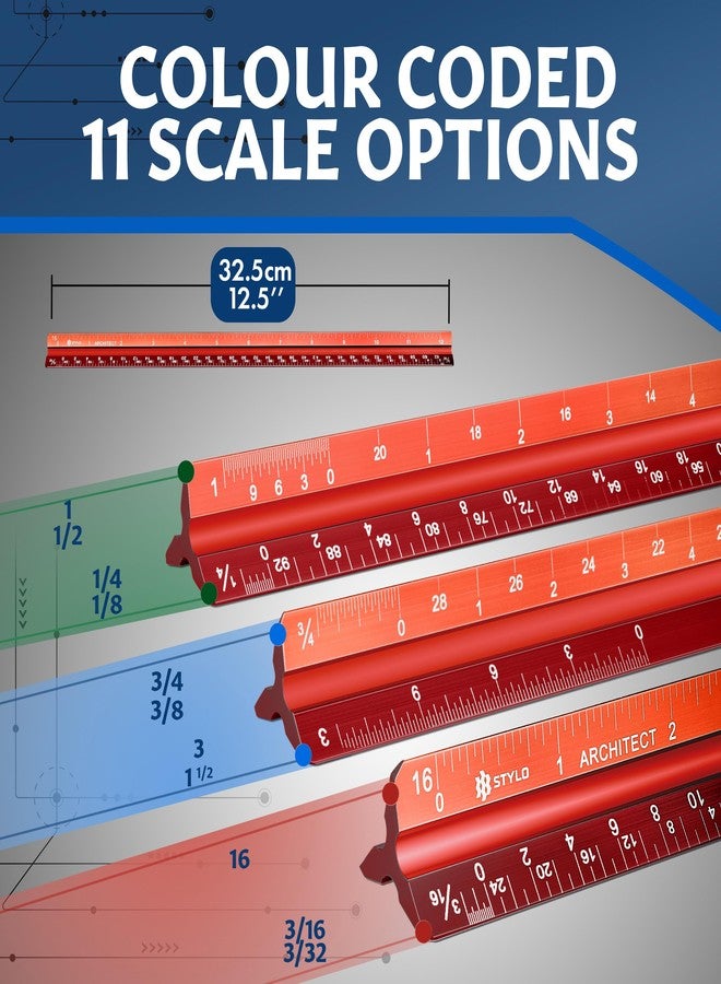 Stylo 12" Aluminum Architect Scale Ruler Laser Etched Triangle Drafting Ruler, Color Coded Grooves for Blueprint, Drafting and Drawing, Architectural Scale Ruler for Blueprints (Red, Imperial Units) - Image 2