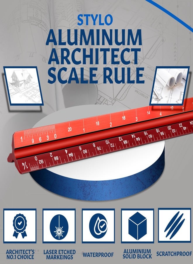 Stylo 12" Aluminum Architect Scale Ruler Laser Etched Triangle Drafting Ruler, Color Coded Grooves for Blueprint, Drafting and Drawing, Architectural Scale Ruler for Blueprints (Red, Imperial Units) - Image 3