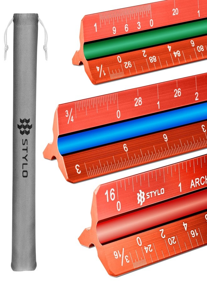 Stylo 12" Aluminum Architect Scale Ruler Laser Etched Triangle Drafting Ruler, Color Coded Grooves for Blueprint, Drafting and Drawing, Architectural Scale Ruler for Blueprints (Red, Imperial Units) - Image 1