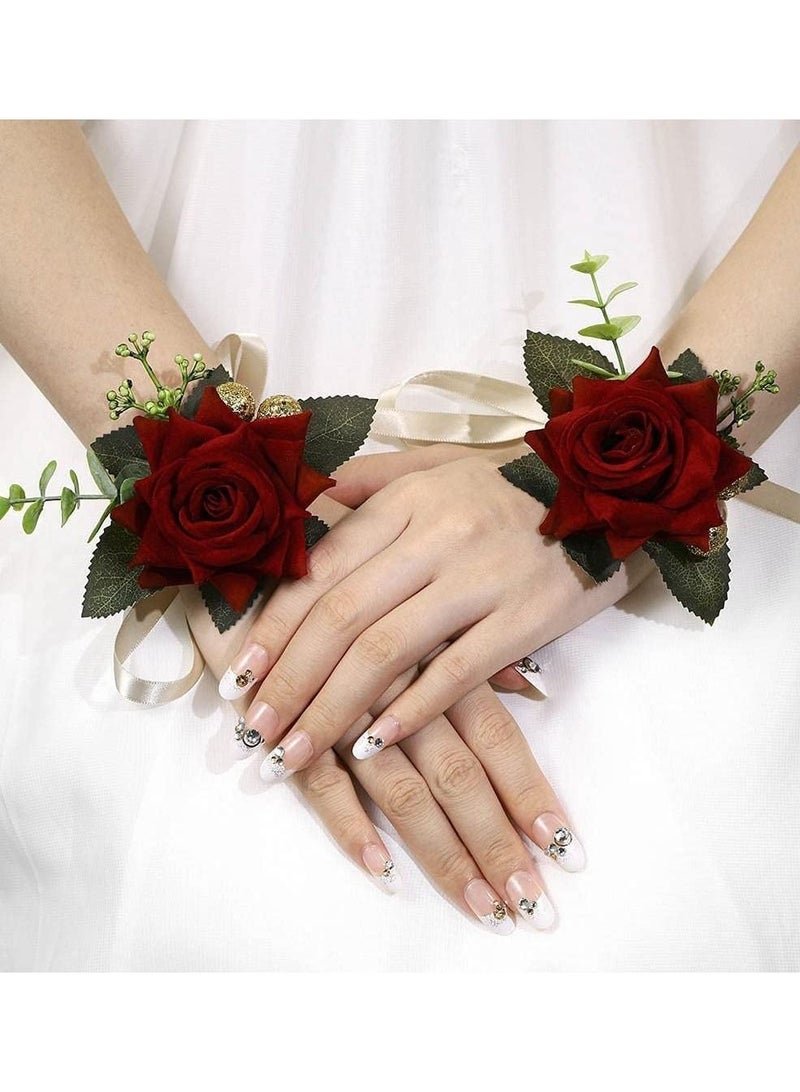 NIBEMINENT Wedding Wrist Flower, 2Pcs Floral Corsage Bridal Rose Leaf Hand Flowers for Bride Bridesmaid Festival Prom Engagement, Bridesmaids Floral, Beach Party (Red) - Image 1