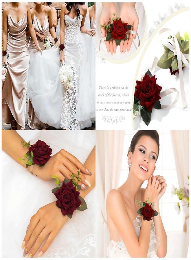 NIBEMINENT Wedding Wrist Flower, 2Pcs Floral Corsage Bridal Rose Leaf Hand Flowers for Bride Bridesmaid Festival Prom Engagement, Bridesmaids Floral, Beach Party (Red) - Image 3