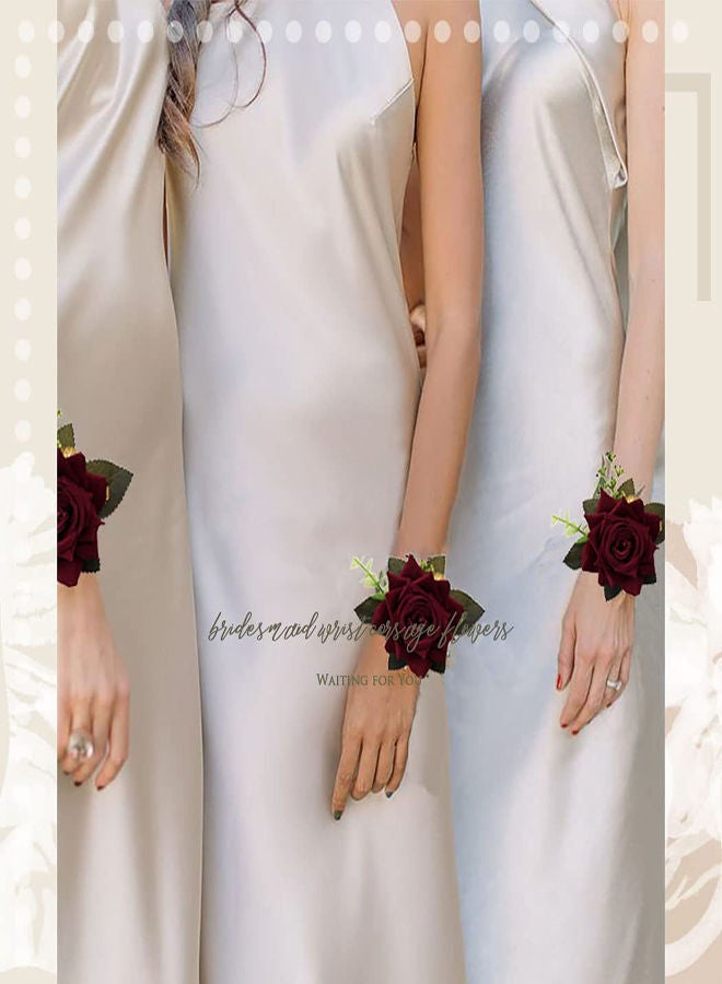 NIBEMINENT Wedding Wrist Flower, 2Pcs Floral Corsage Bridal Rose Leaf Hand Flowers for Bride Bridesmaid Festival Prom Engagement, Bridesmaids Floral, Beach Party (Red) - Image 5