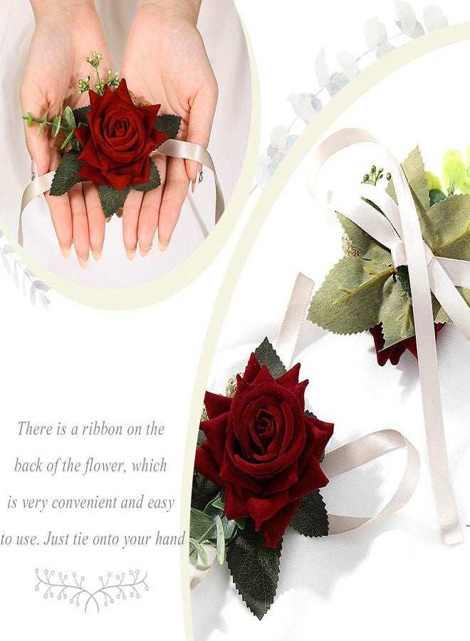 NIBEMINENT Wedding Wrist Flower, 2Pcs Floral Corsage Bridal Rose Leaf Hand Flowers for Bride Bridesmaid Festival Prom Engagement, Bridesmaids Floral, Beach Party (Red) - Image 2