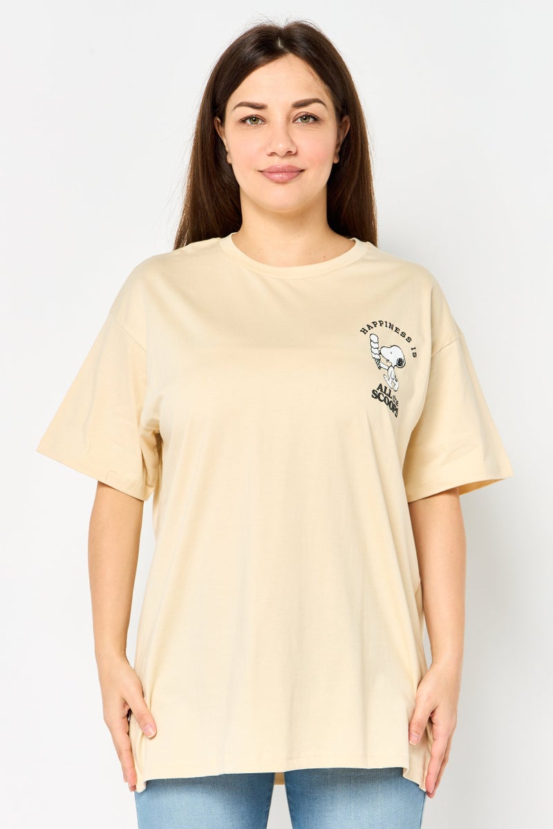 Peanuts Women Crew Neck Short Sleeve Graphic Print T-Shirt, Beige - Image 1
