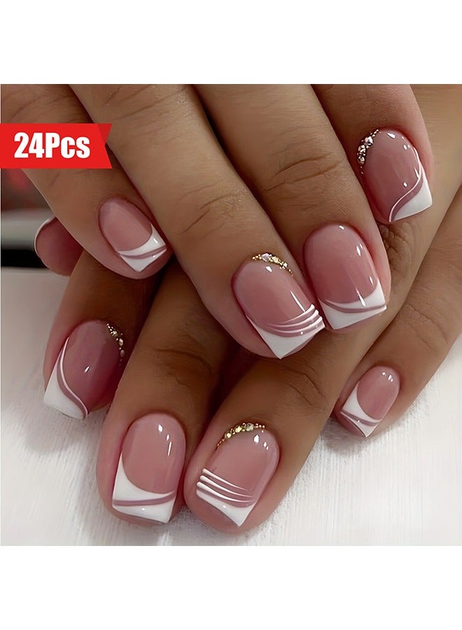 24pcs Glossy Pink Press On Nails with Rhinestone Accents and French White Edge Design - Full Coverage Fake Nails for Women and Girls - Image 1