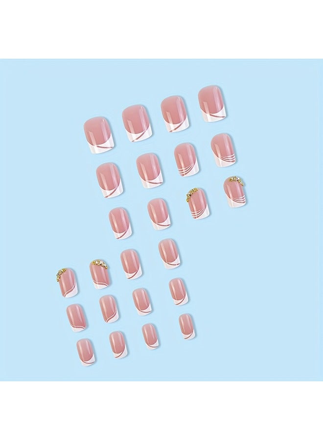 24pcs Glossy Pink Press On Nails with Rhinestone Accents and French White Edge Design - Full Coverage Fake Nails for Women and Girls - Image 2