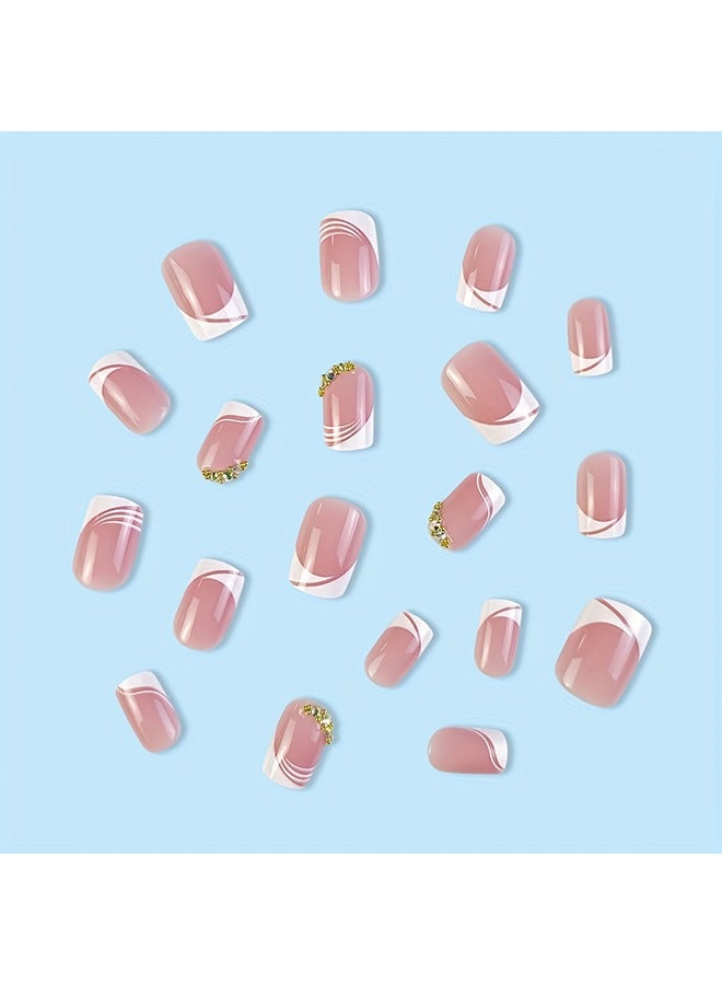 24pcs Glossy Pink Press On Nails with Rhinestone Accents and French White Edge Design - Full Coverage Fake Nails for Women and Girls - Image 3