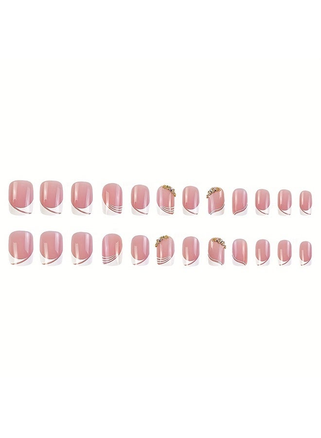 24pcs Glossy Pink Press On Nails with Rhinestone Accents and French White Edge Design - Full Coverage Fake Nails for Women and Girls - Image 4