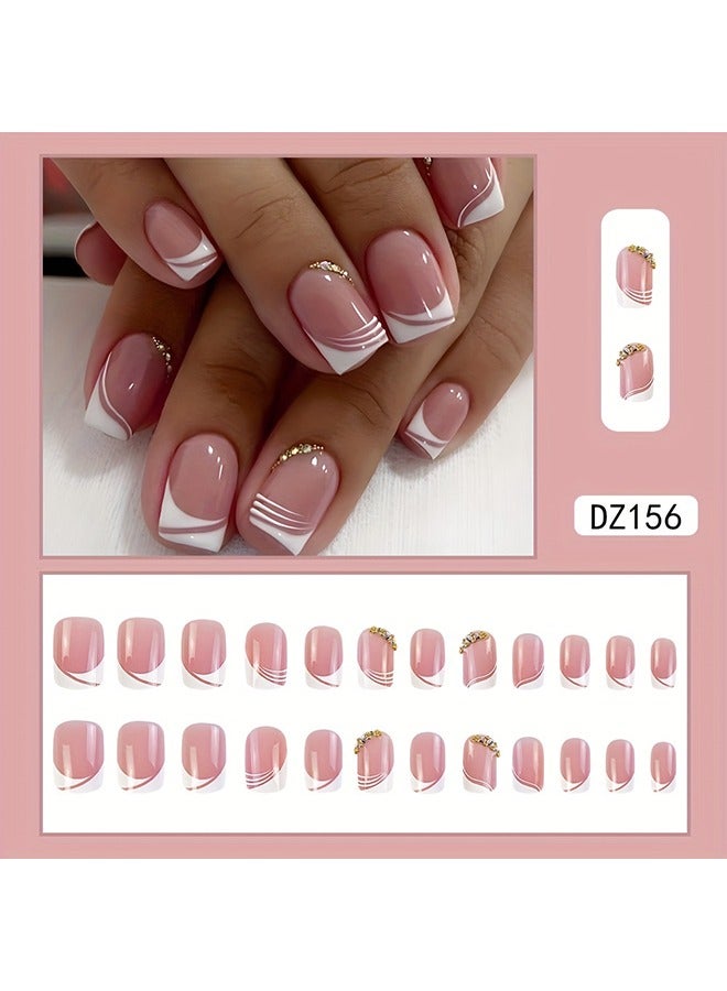 24pcs Glossy Pink Press On Nails with Rhinestone Accents and French White Edge Design - Full Coverage Fake Nails for Women and Girls - Image 5