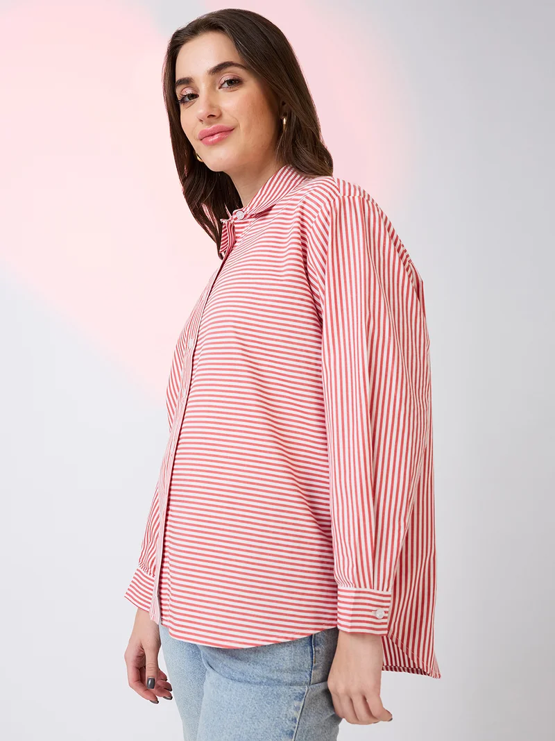 globus Women Collared Neck Cuffed Sleeves Striped Pattern Shirt Style Work Wear Top