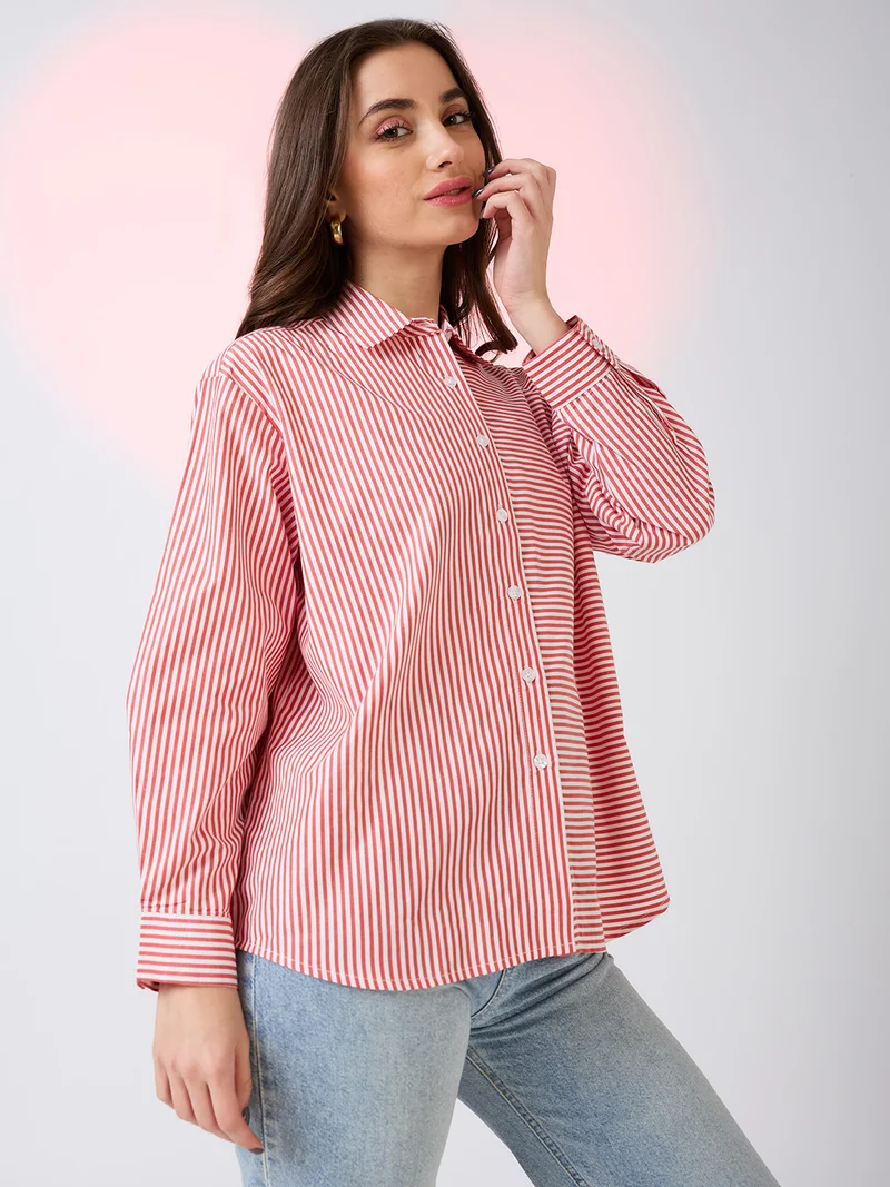 globus Women Collared Neck Cuffed Sleeves Striped Pattern Shirt Style Work Wear Top