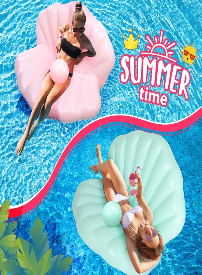 Motionchic 2 Pack 55 Inch Inflatable Seashell Pool Floats with Pearl Ball Birthday Cute Pool Lounge Floats for Adults Summer Beach Swimming Ocean Theme Party (Pink,Green) - Image 3