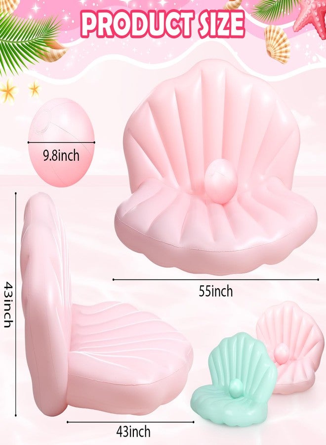 Motionchic 2 Pack 55 Inch Inflatable Seashell Pool Floats with Pearl Ball Birthday Cute Pool Lounge Floats for Adults Summer Beach Swimming Ocean Theme Party (Pink,Green) - Image 2