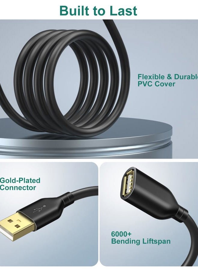 Besgoods USB Extension Cable, Besgoods 2-Pack 10ft/3m USB 2.0 Type A Male to A Female Extension Cord USB Cable Extender with Gold-Plated Connectors, Black - Image 5
