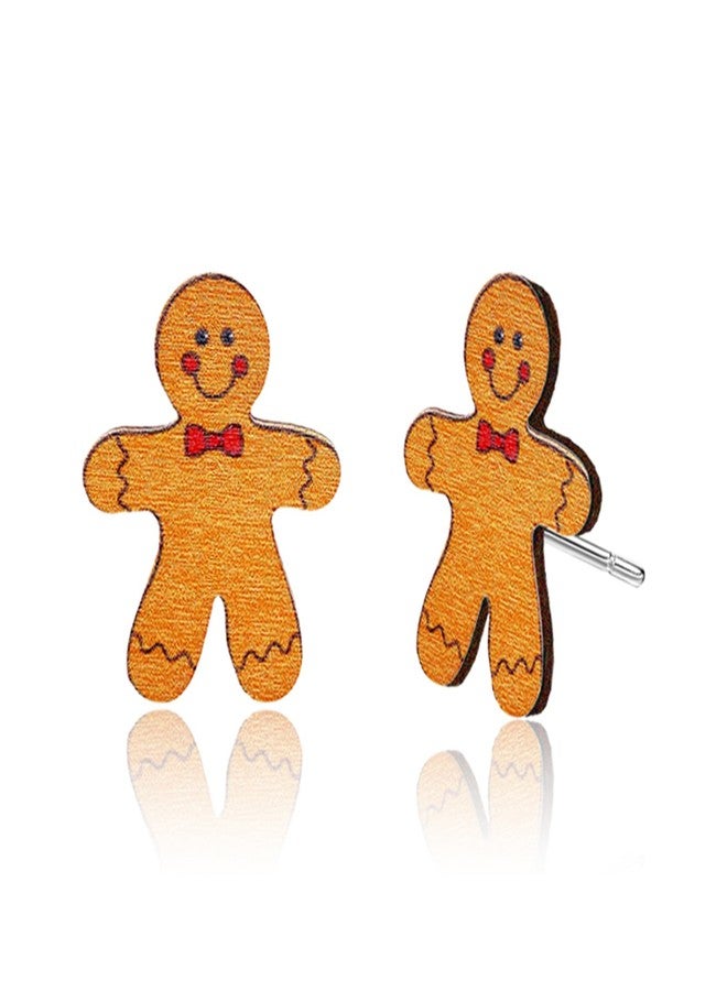 RLHRNDE Christmas Stud Earrings for Women Girls Handmade Wooden Christmas Gingerbread Man Tree Peppermint Candy Cane Statement Earrings Christmas Holiday Party Decorations (Christmas Gingerbread) - Image 1
