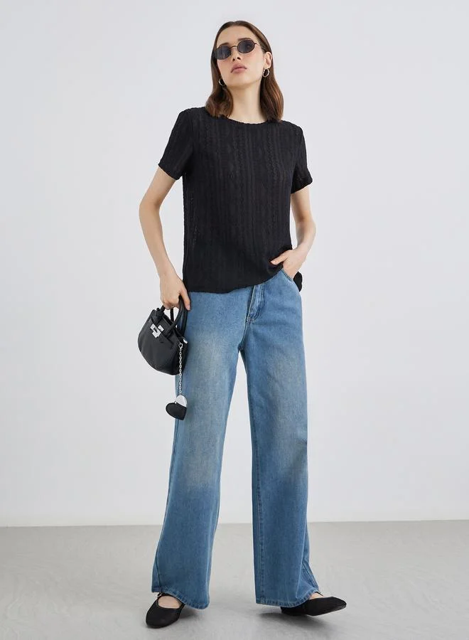 Take Two Black Textured Short Sleeve Top