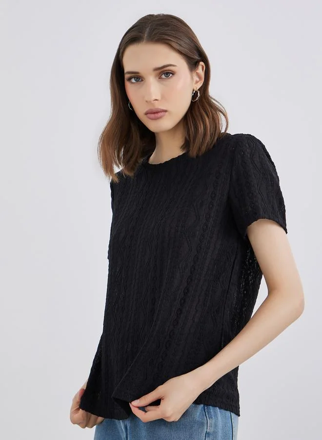 Take Two Black Textured Short Sleeve Top