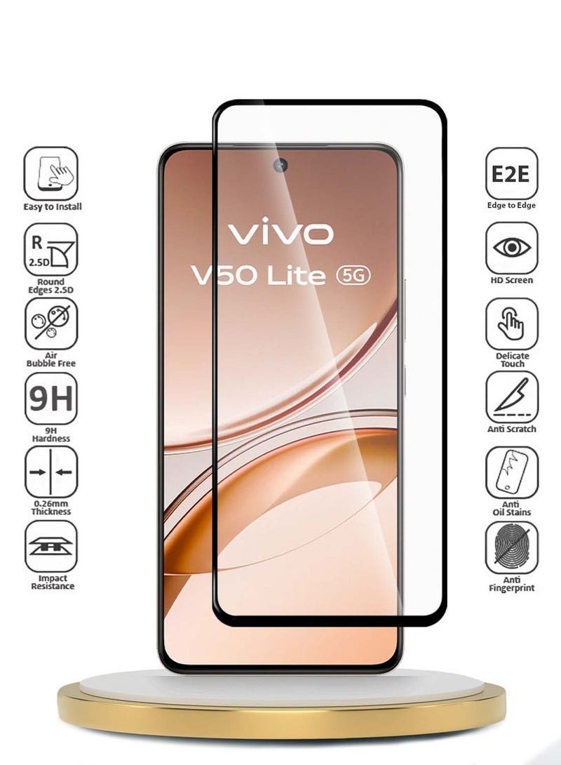 راكسوم واقي شاشة زجاجي مقوى من سلسلة E2E المميزة لهاتف فيفو V50 لايت 4G 2025 - تغطية كاملة شفافة/سوداء مع التصاق كامل بالغراء، صلابة 9H، حماية من الخدوش، شاشة فائقة الوضوح، تركيب خالٍ من الفقاعات - Image 1