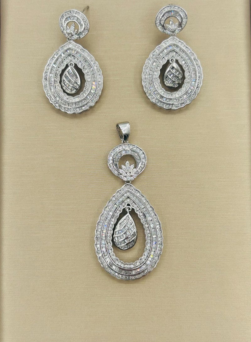 Sterling Silver Big Earrings and Pendant Set with Zircon Stones – 6 cm Pendant, 4 cm Earrings – Elegant Jewelry for Women - Image 2