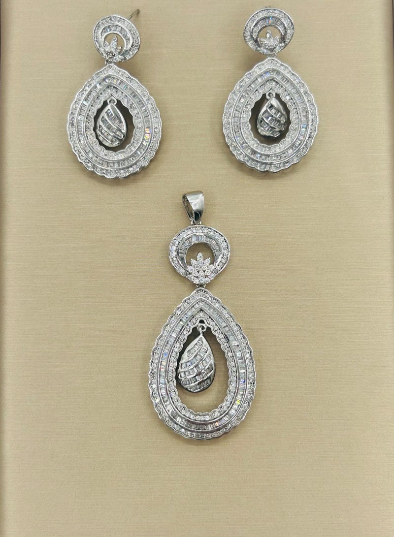 Sterling Silver Big Earrings and Pendant Set with Zircon Stones – 6 cm Pendant, 4 cm Earrings – Elegant Jewelry for Women - Image 1