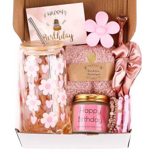 DHQH Birthday Gifts for Teen Cute Inspirational Gift Daisy Presents Set Ideas for Sister Daughter Friends Happy Birthday Gift Basket with Ice Glass Cup for Her Pink - Image 1