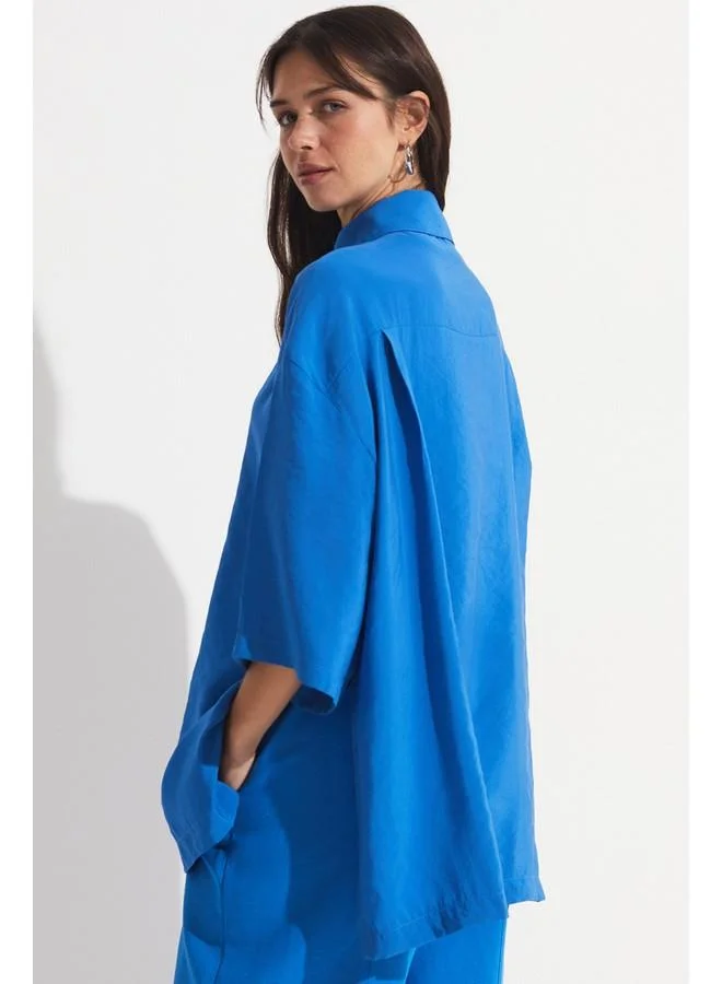 JUNE June Slit Detailed Flowy Shirt Saxe