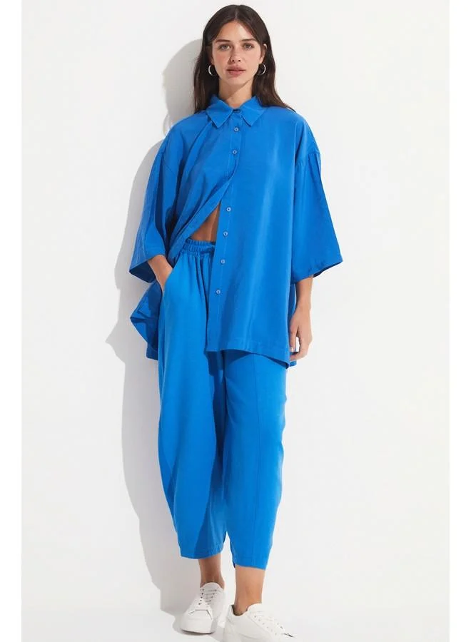 JUNE June Slit Detailed Flowy Shirt Saxe