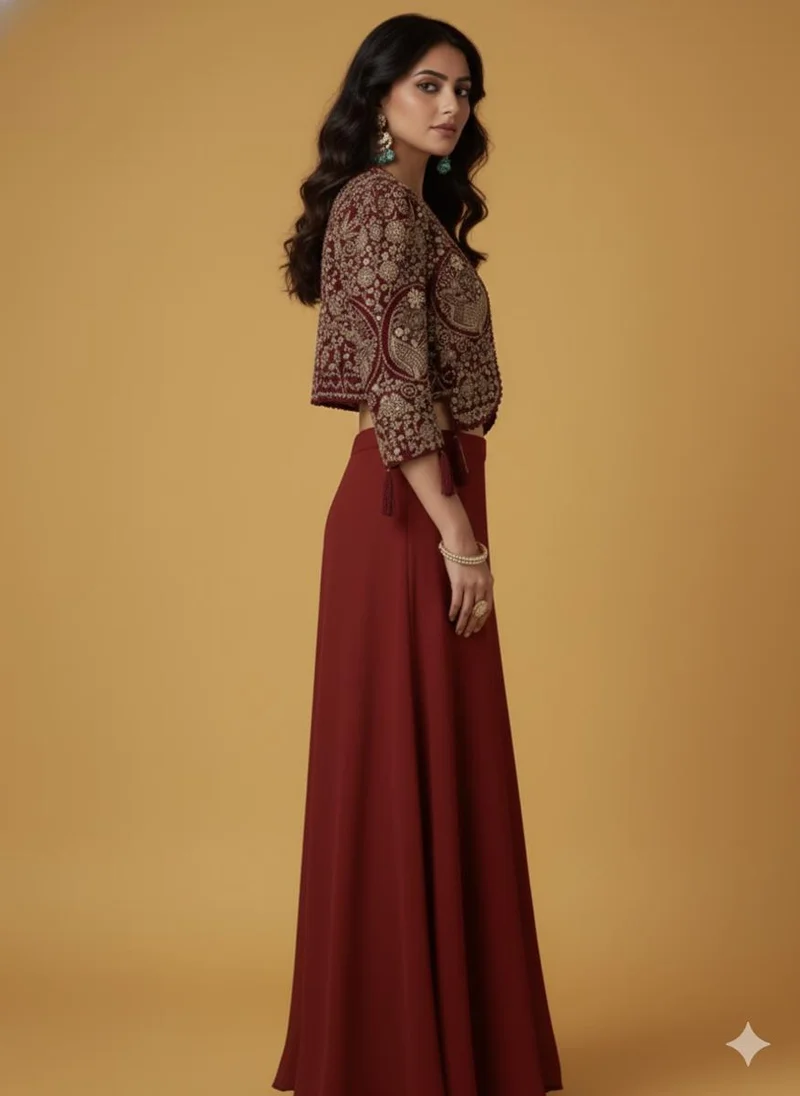 Lehar Red Embroidered Crop Top and Palazzo Set with Cape Overlay