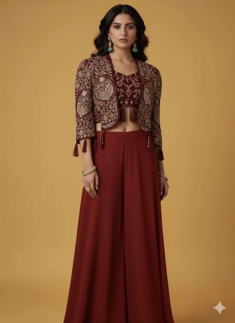 Red Embroidered Crop Top and Palazzo Set with Cape Overlay