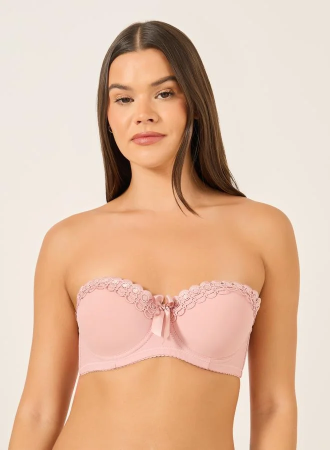 Take Two Take Two Solid Lace and Bow Detail Padded Wired Push Up Bra