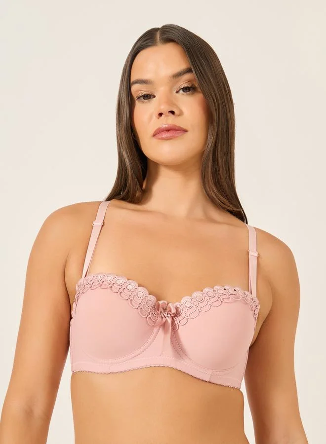 Take Two Take Two Solid Lace and Bow Detail Padded Wired Push Up Bra