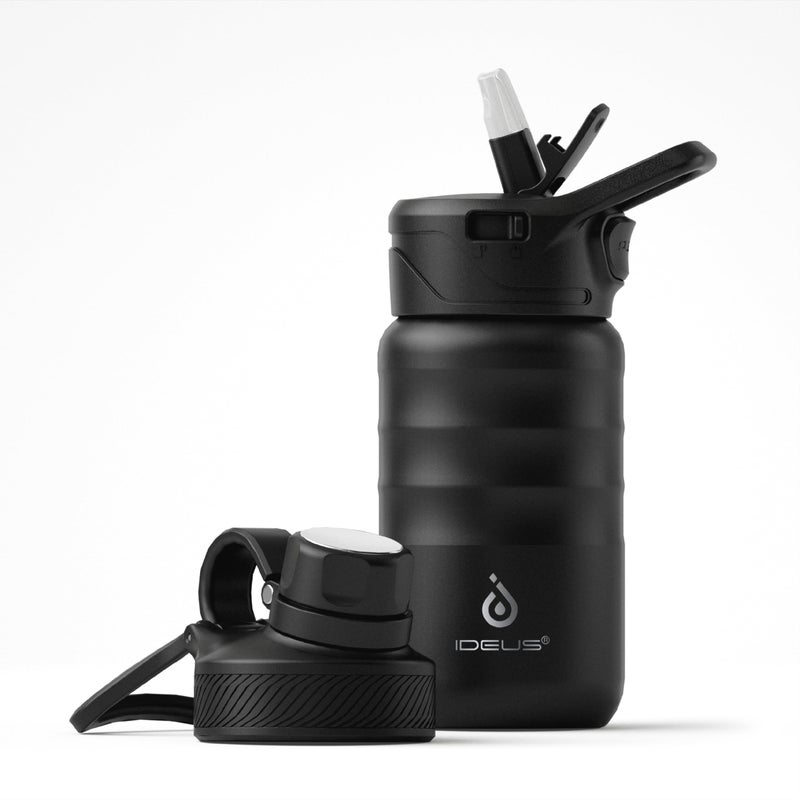 IDEUS Insulated Stainless Steel Water Bottle with 2 LeakProof Lids Thermal Water Flask for Hiking Biking 24oz Black