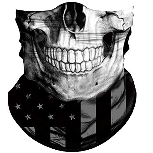 Obacle Skull Face Mask Sun UV Dust Wind Protection Tube Mask Seamless Bandana Skeleton Face Mask for Men Women Bike Riding Motorcycle Cycling Biker Outdoor Festival (Black Gray Skull White Face Flag) - Image 1