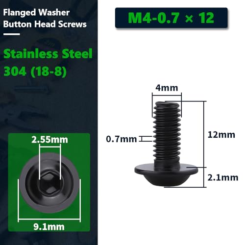 RoyceMart M4-0.7 x 12mm (100- Pack) Flanged Button Head Socket Cap Screws Bolts, Stainless Steel 304 (18-8), Allen Hex Drive, UNC Coarse Thread, Black Coated - Image 3