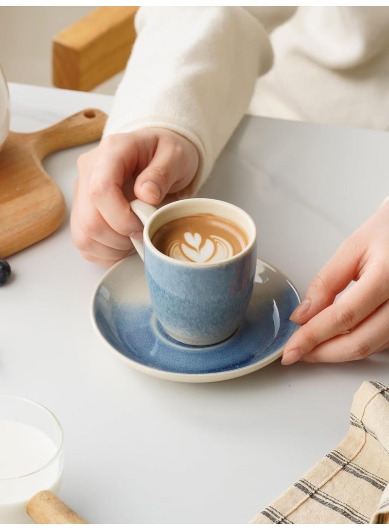 famiware Jupiter Espresso Cups and Saucers Set of 4 - Light Blue Ceramic Coffee Mugs - Image 3